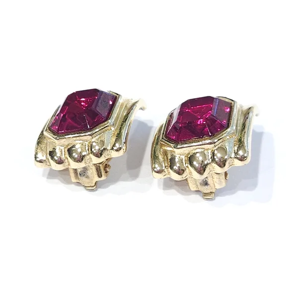 Vintage Givenchy Red Rhinestone Faux Ruby Gold Tone Clip On Earrings - Picture 12 of 16